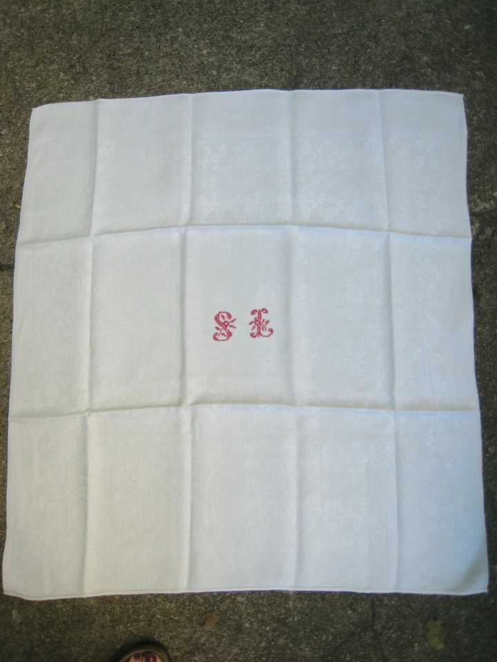 SERVIETTES anciennes DAMASSé de LIN brodées SL FIL ROUGE POINT COMPTE LOT de 6 - Photo 3/4