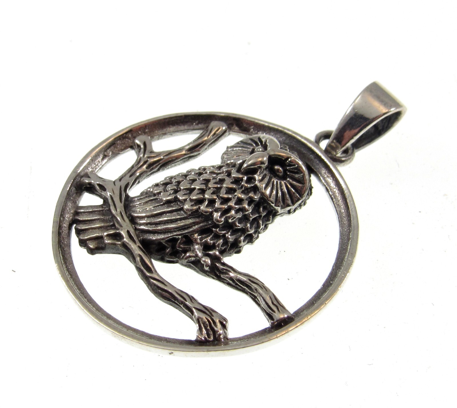 Solid 925 Sterling Silver Owl Perched on Branches Pendant, Forest Nature Jewelry