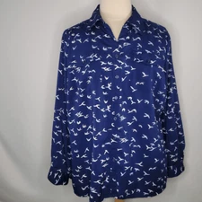 Notations Blue Bird Pattern Button Down  Top