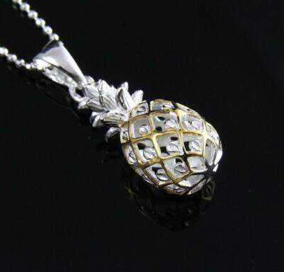 YELLOW GOLD PLATED 925 SILVER 2 TONE HAWAIIAN 3D PINEAPPLE CHARM PENDANT MEDIUM