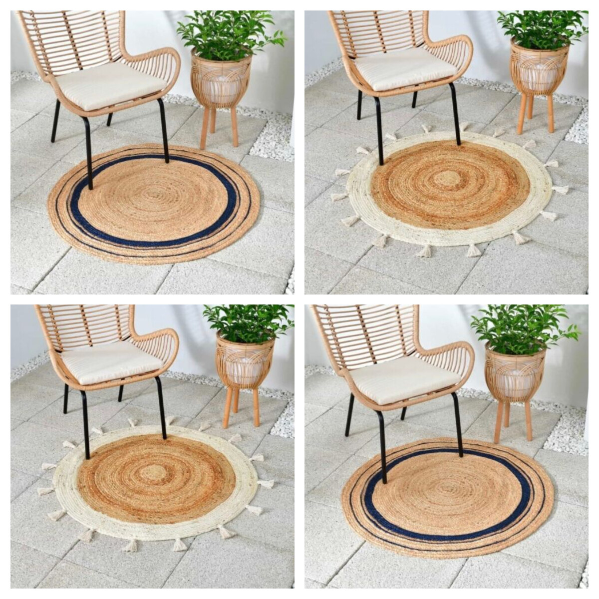 1 Meter Round Jute Outdoor Navy Tassel 100 Natural Braided Area Rug