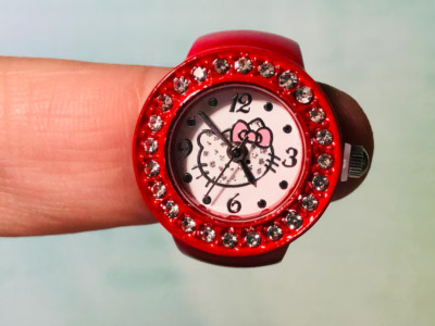 Hello Kitty Ring Watch - Round Rhinestones with Hello Kitty Face - Red - NEW