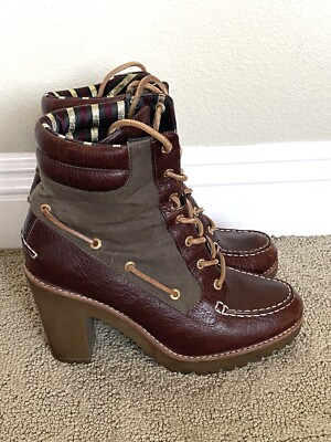 SPERRY ''TRINITY'' LEATHER CANVAS CHUNKY HEEL ANKLE BOOTS SIZE: 8
