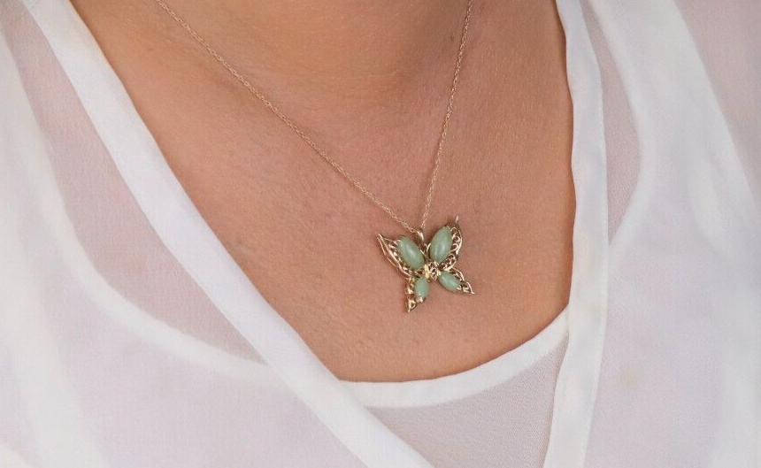 14k Yellow Gold Natural Jade Butterfly Necklace 18" Chain eBay
