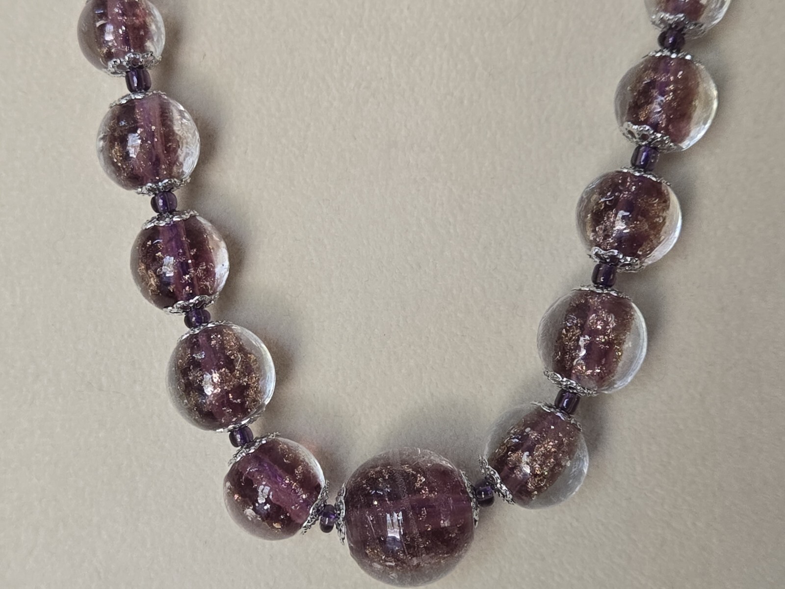 Purple Murano Style & Solid Purple Glass Beaded Necklace, Adj. 20-22 Inches