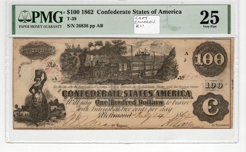 T-39 PF-13 1862 $100 Confederate Paper Money - PMG VF 25 - Capt Cameron - R-11 ! - Picture 2 of 3