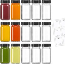 15 Pack 2 oz Glass Shot Mini Bottles w/Black Lids  15 Labels Small Clear Jar