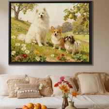 Floral Still Life Oil Painting Dog Corgi Samoyed Wall Art Living Room Decor