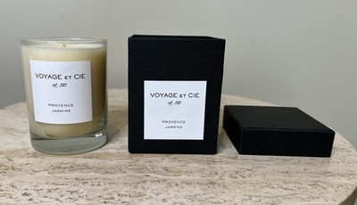 Voyage et Cie Candle Provence Jasmine 4 in High ball Black Box NEW 80 hours