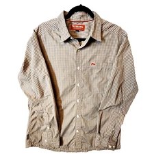 Simms Fishing Shirt Mens Large Long Sleeve Button Down Plaid Twill Orange Green