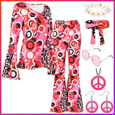 Hippie Kostüm Damen Set 60er 70er Oberteil Schlaghose Accessoires