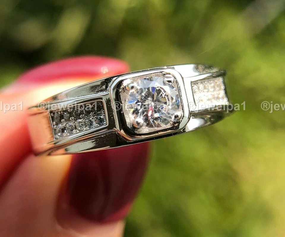 Moissanite Men's Wedding Ring Solid 14K White Gold Excellent Round Cut VVS1 2 CT - Image 3 of 4