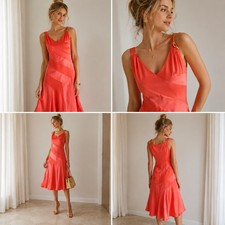 Cavalli Class Coral Satin Midi Dress Italy Sleeveless Flare Women US 6