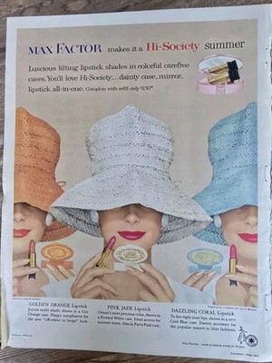 1959 Max Factor Hi-society Lipstick makeup compact Vintage Cosmetic Ad 
