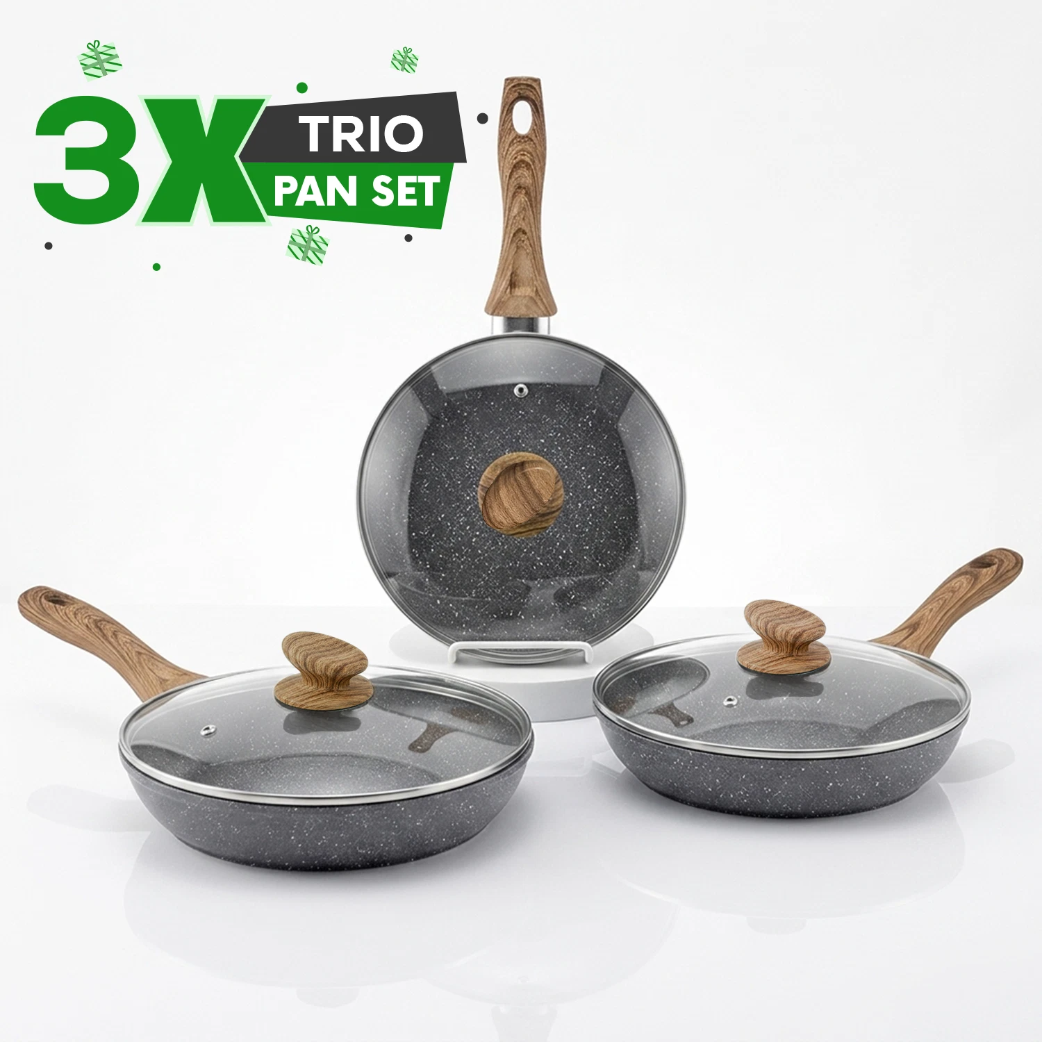 AEX 24cm Frying Pan Set Pack of 3 with Lids Non Stick Induction Gas Hob UK