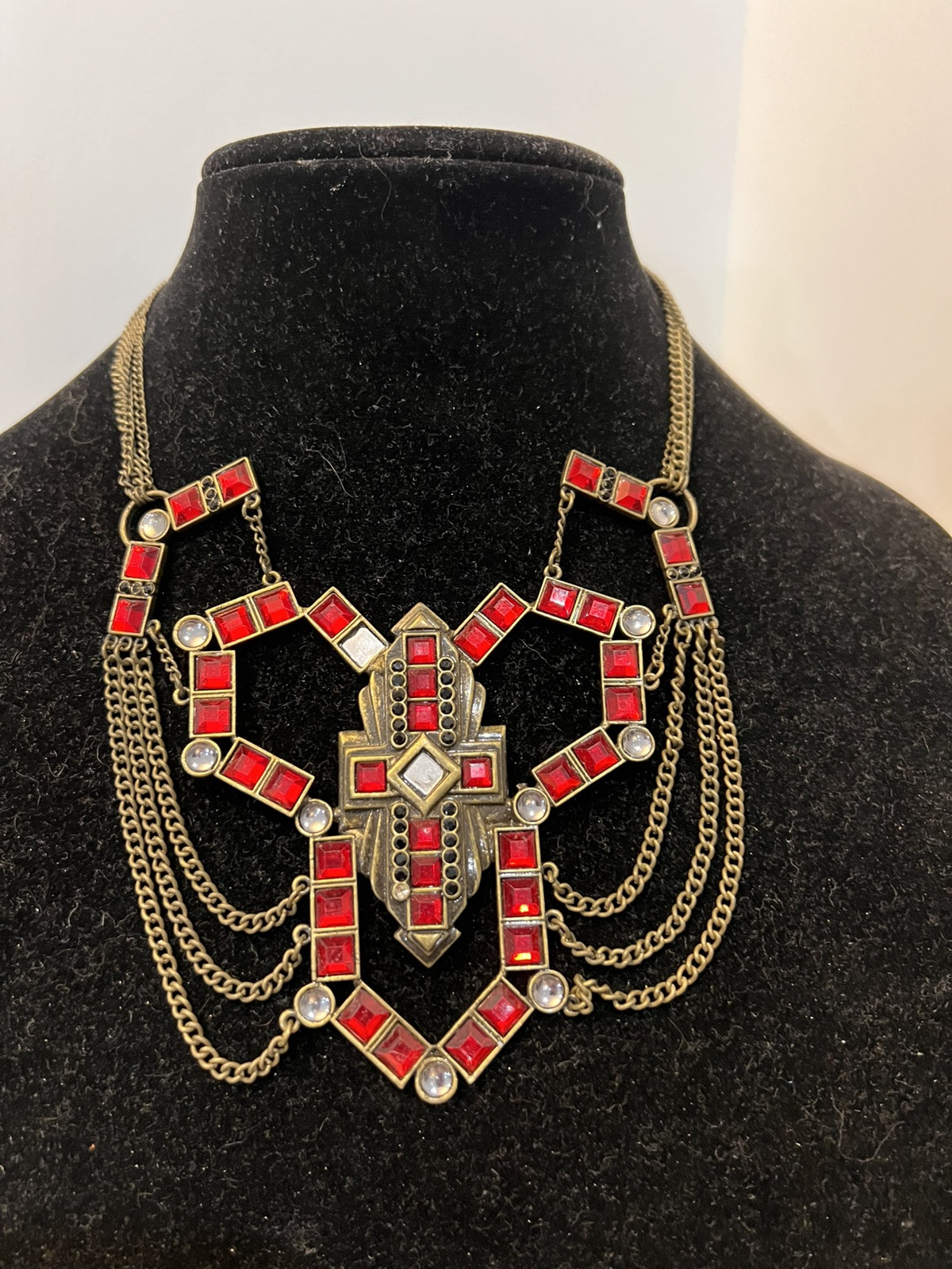 Robert Rose Cross Necklace Ruby Red,Clear Rhinest… - image 1