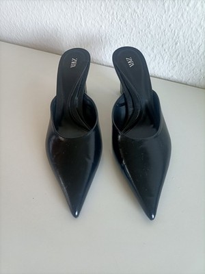 Zara Pointed-toe Block-heel Mules Schwarz Leder Leder Gr. 40 Top Zustand NEU