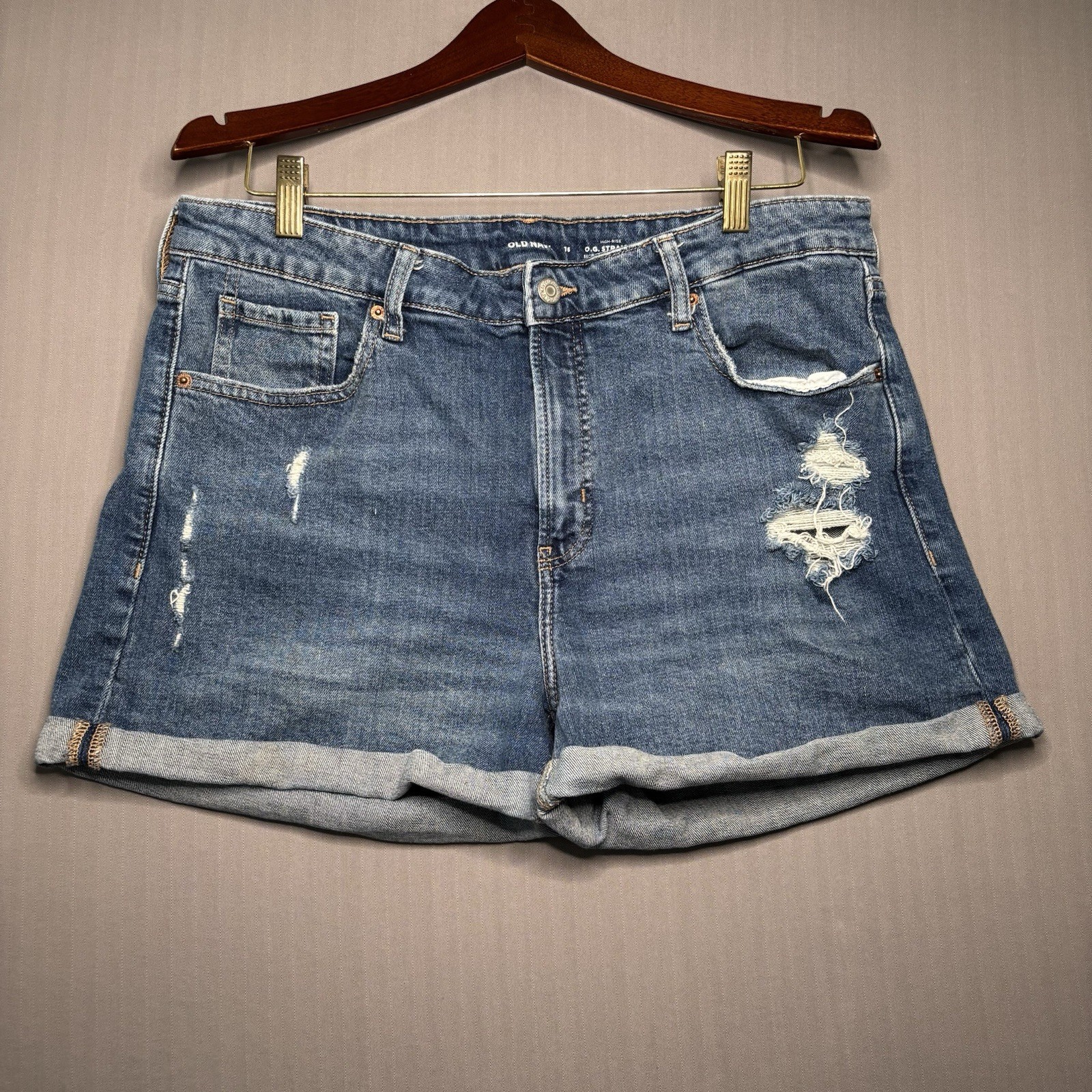 Old Navy High Rise OG Straight Denim Shorts Womens 16 Rolled Hem Blue Momcore