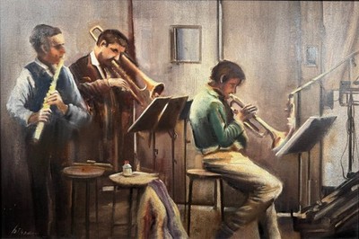 Ein Jazz Trio der 20er Jahre Spielt einen Club Ölgemälde um 1980 Kontinentalschule?