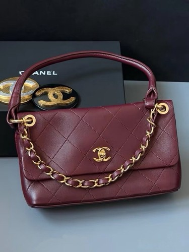 AUTH Chanel Classic Flap Burgundy Lambskin Gold Hardware Top Handle Shoulder Bag