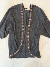 Flying Tomato Gray Knit Cardigan Sweater Embroidered Trim Women's