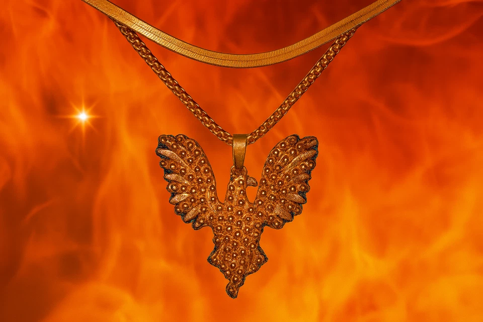 🔥 Pingente de Fênix de Luxo Azul Real e Dourado Colar de Cristal Reversível Feito à Mão - Imagem 3 de 4