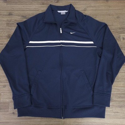 Nike Track Jacket Mens XL Embroidered Swoosh Logo Navy Blue Y2K Full Zip Striped