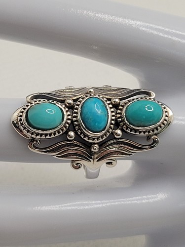 Statement Turquoise Trilogy Ring 925 Sterling Silver Size 7 Swirl Design - Picture 7 of 10
