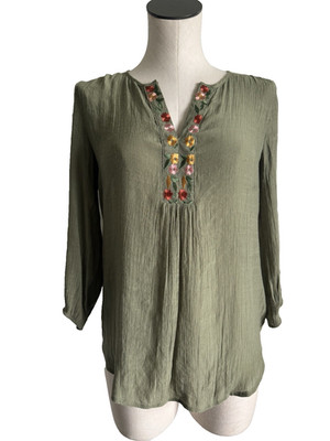 Olivia & Martin Embroidered Boho-chic Top Floral Gauze V-Neck Women s Small
