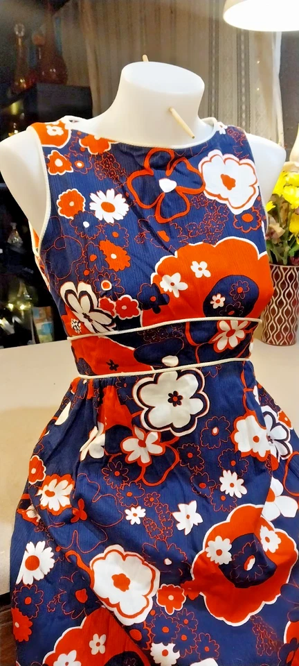 De colección. Maxi PATTY WOODARD EE. UU. S/M Cintura Imperio Naranja Azul Años 60. Flor abstracta Foto 2 de 4