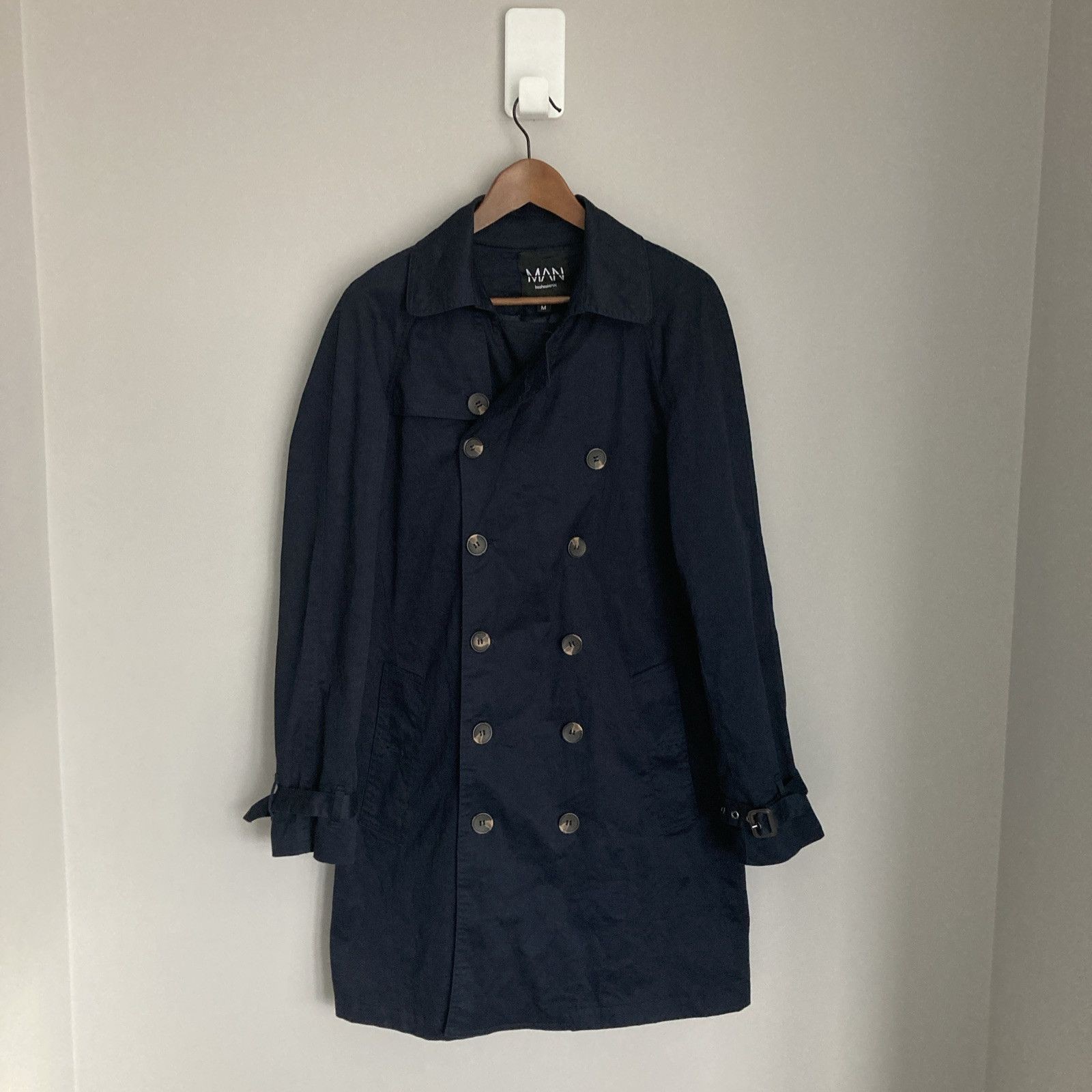 Mens Trench Coat Medium Navy Blue Boohoo Man Cotton Double Breasted Overcoat
