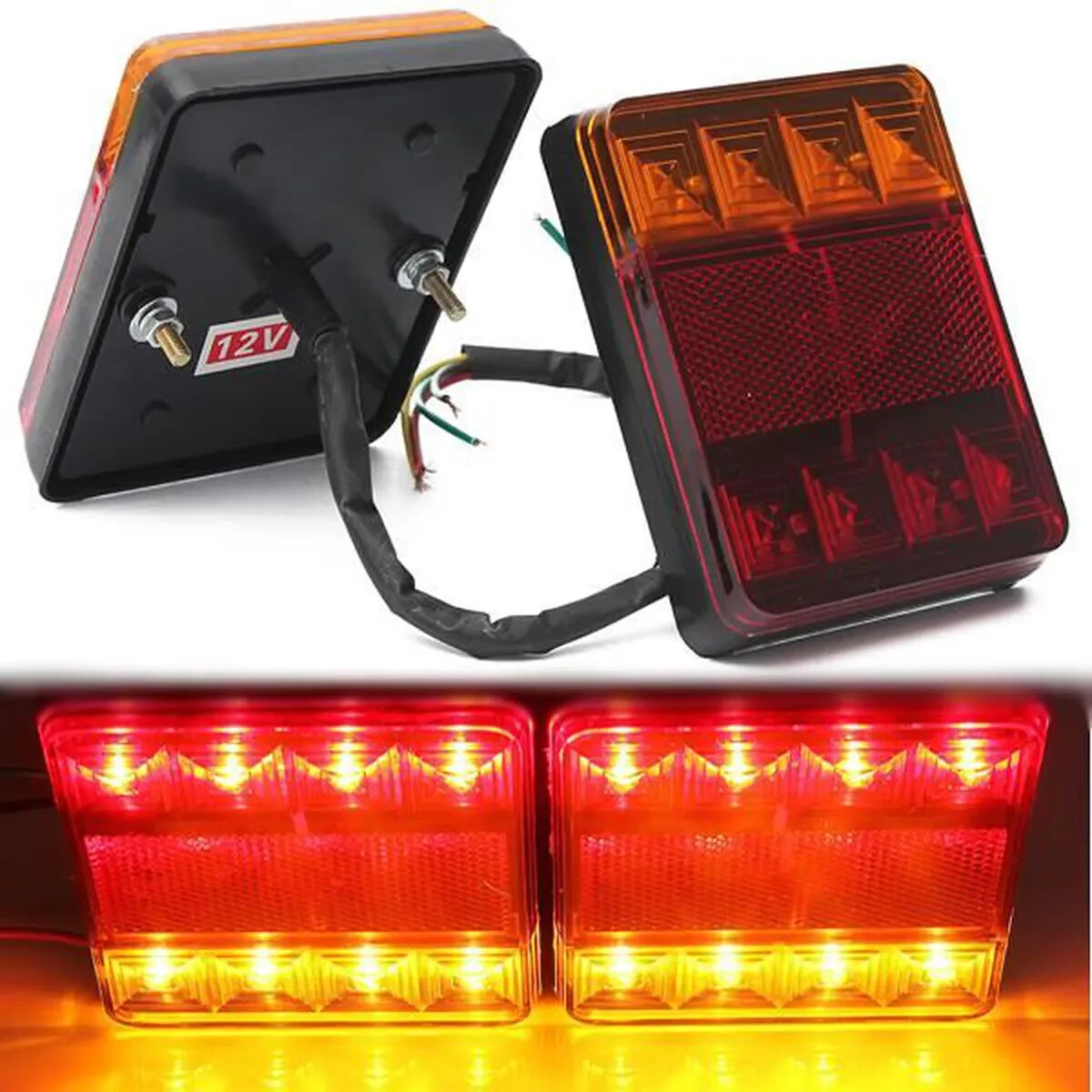 Feux Arrière 12v 8 LED pour Remorque et Camion - Kit de 2 Éclairages Signalisation Rouge et Orange