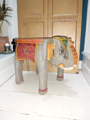 VINTAGE STYLE INDIAN HAND PAINTED SOLID WOOD ELEPHANT STOOL / TABLE - Picture 6 of 16