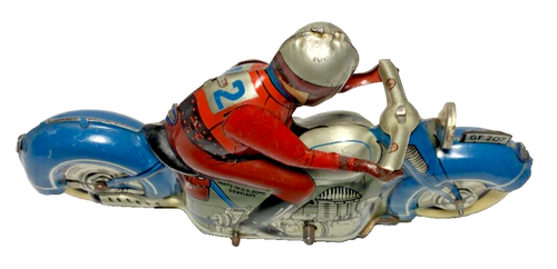 George Fischer GF 207 Tin Litho Windup Blue Motorcycle w/ Rider #12 Toy - Picture 7 of 8