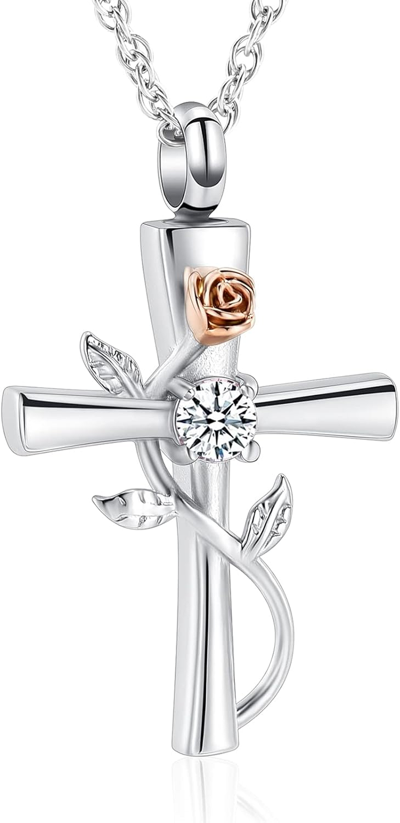 Cross Urn Necklace for Ashes Birthstone Rose Flower Cremation Jewelry for Women