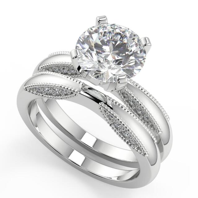 1.35 Ct Round Cut Milgrain 4 Prong Diamond Engagement Ring VS2 F Treated