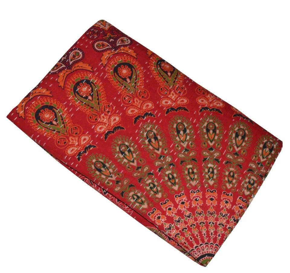 Indian Handmade Kantha Quilt Mandala Red Twin Cotton Bedspread Ethnic Blanket - Image 4 of 4