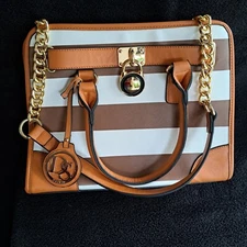 Dasein Handbag Shoulder Bag Purse Tote Two Tone Belted Pad Lock Gold Chain Strap