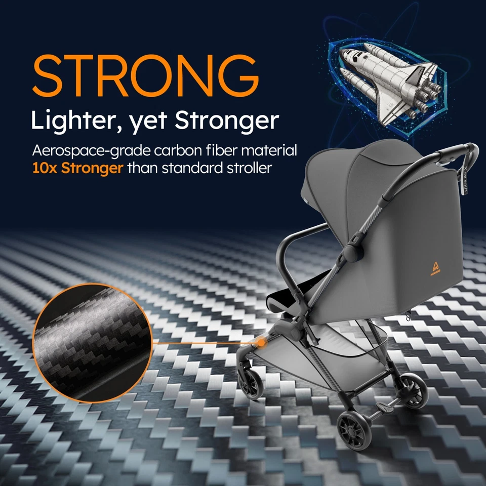 Ультралегкая прогулочная коляска Ultra Air X для самолета 9,9 фунтов из углеродного волокна компактная для путешествий - Изображение 2 из 4