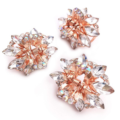 Crystal Rhinestone Rose Gold Tone Small Metal Hair Claw Clip 3PCS