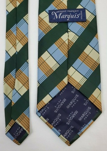 MEN'S Marquis Paris Multi-Color Plaid w/ Solid Green Stripe NECK TIES DESIGNER - Picture 5 of 7