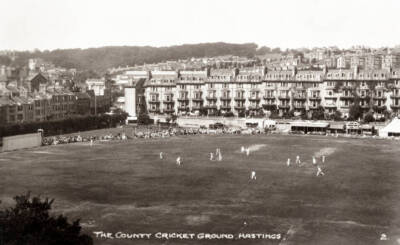 An aerial view a cricket match on County Cricket Ground Hastings E- Old Photo