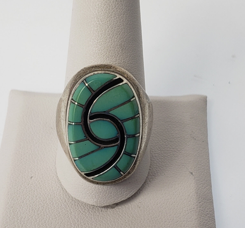 Native American NA Ring Sz 11.5 Turquoise Inlay Dickie Quandelacy Hallmark ZUNI