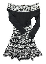 Eliza J Sweater Dress PXS Flare Geometric Spanish Floral Swing Off Shoulder Zip