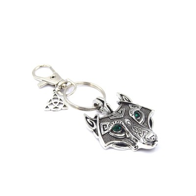 Porte-clés Loup avec des yeux verts, bijoux vikinkg et celtique