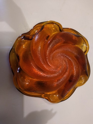 VINTAGE FENTON ART GLASS SWIRL AMBERINA - ORANGE, YELLOW ASHTRAY HEAVY- 8" - Picture 3 of 5