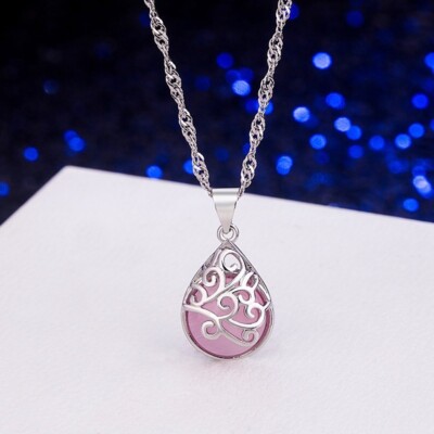 Rosa Mondstein Anhänger Halskette 925 Sterling Silber Damen Mädchen Schmuck Geschenk