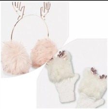 Justice Nwt Girls Reindeer Faux Fur Ear Muffs Fizzy Gloves Mittens Set Pink