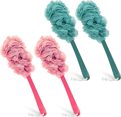 4Pack Back Scrubber for Shower, Qewro Loofah on a Stick Pink White and Green 