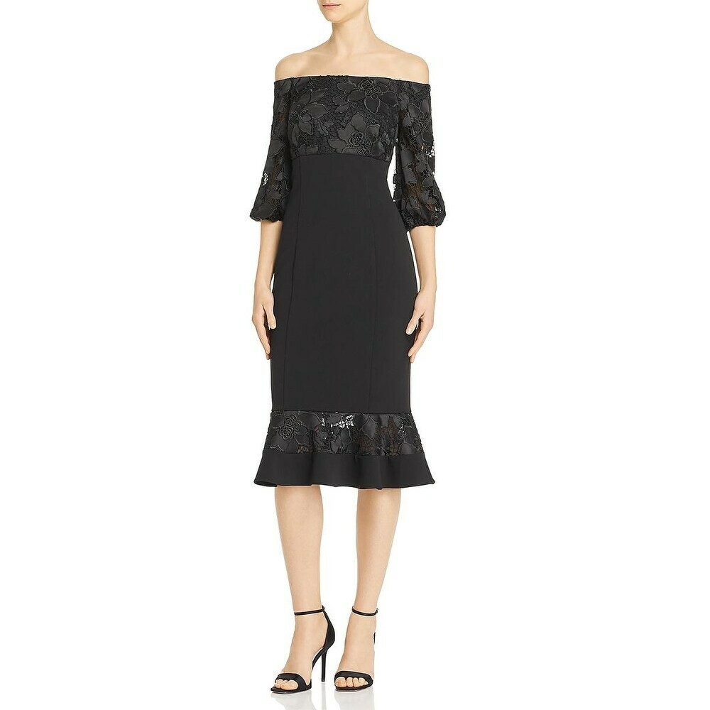 aidan mattox ruffle cocktail midi dress AIDAN MATTOX Womens Navy Ruffled Zippered Gathered Short Sleeve Off  Shoulder Midi Formal Tulip Dress